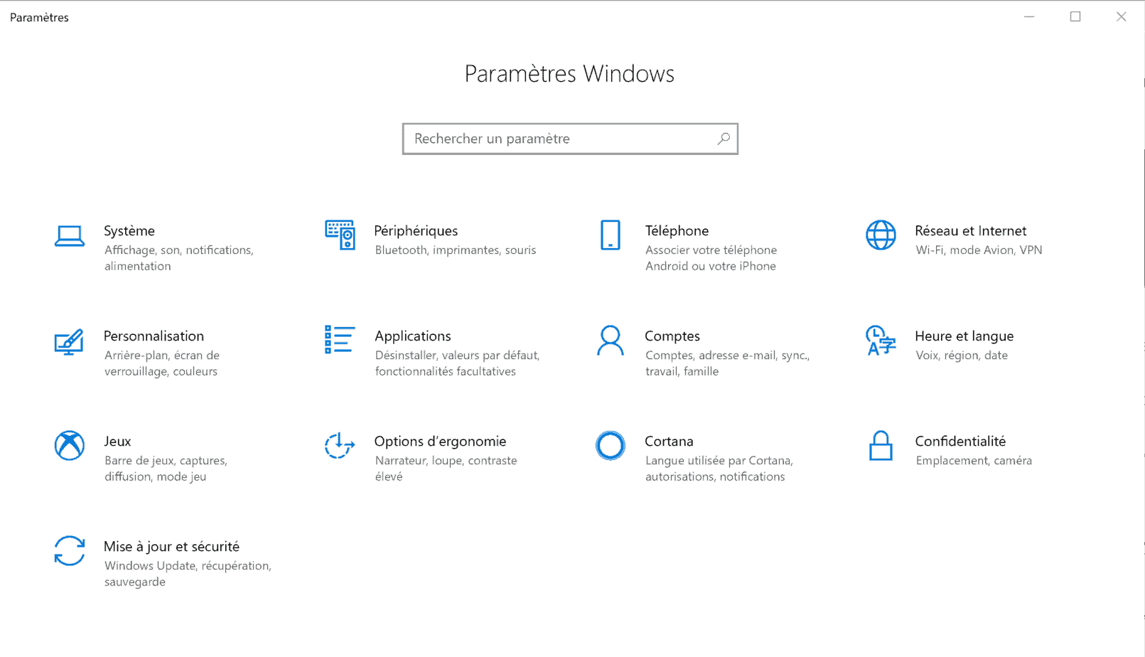 liste des paramètres windows 10