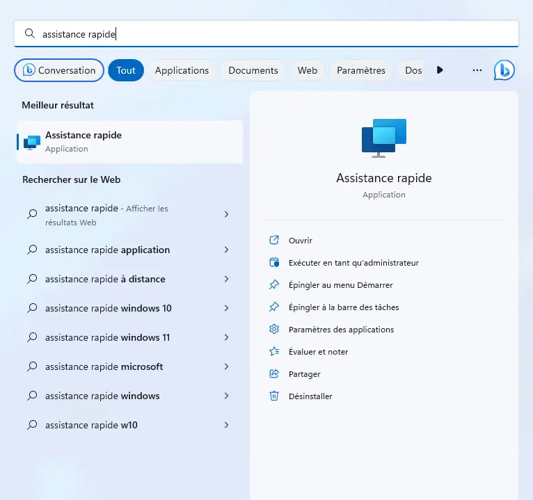 Ouvrir l'application "assistance rapide" sur Windows 11