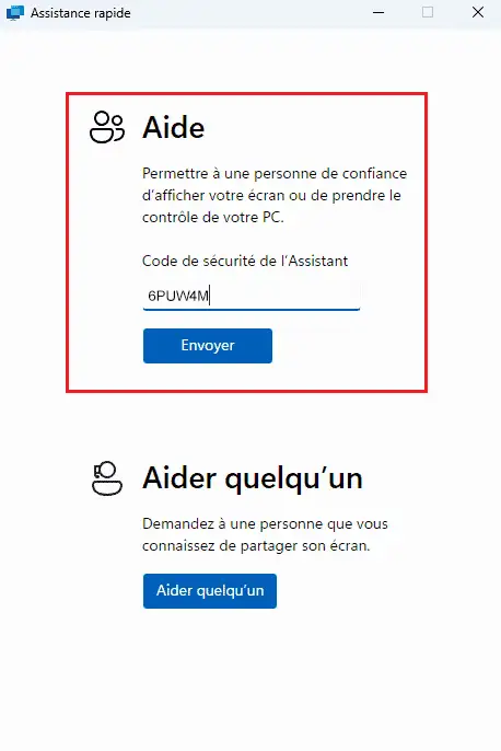 Code de sécurité Assistance Rapide sur Windows 11