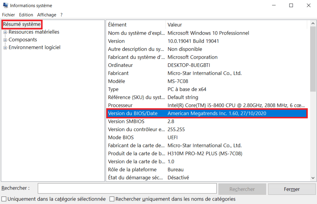 Version Du Bios Resume Systeme Msinfo32